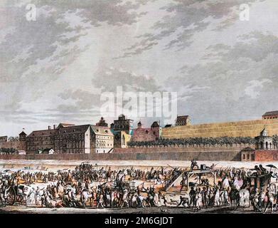 Revolution francaise et mouvement contre revolutionnaire : Mort de Jean Sylvain Bailly (1736-1793) le 12 novembre 1793 guillotine, pour avoir depose en Faveur de Marie Antoinette lors de son proces, sur l'Esplanade du Champ de Mars a Paris. Stockfoto