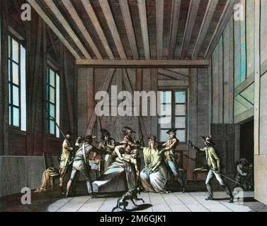 Revolution Francaise de 1789 - Französische Revolution: Assassinat de Jean Paul Marat (1743-1793), par Charlotte Corday (1768-1793) le 13 juillet 1793. Gravure de Berthaut Stockfoto