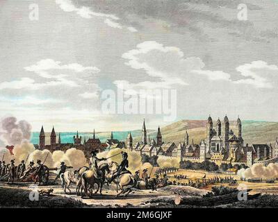 Revolution francaise et mouvement contre-revolutionnaires de Prusse : Prise de la ville de Spire (Speyer en Allemand) en octobre 1792, Allemagne. Gravure de Berthaut d'apres Swebach. Stockfoto