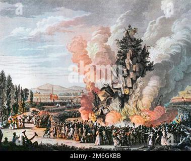 Revolution francaise de 1789 - Französische Revolution: Gedenkfeier de la prise de la Bastille le le 14 juillet 1792 avec un Grand bucher brulant les symboles de la Monarchie provenant notamment du palais des tuileries. Stockfoto