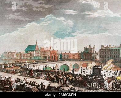 Revolution francaise de 1789 - Französische Revolution: Triomphe de Francois Marie Arouet dit Voltaire (1694-1778) le 11 juillet 1791 (le char funebre des restes de Voltaire a son Passage sur le Pont Royal). Gravure de Berthaut Stockfoto