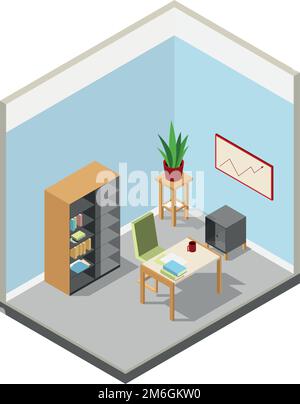 Isometrische Arbeitsplatzgestaltung. Bürozimmer mit Büromöbeln Stock Vektor