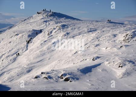 Winterschnee, Wanderer auf dem Pfad einen schneebedeckten Ben Vrackie, einen prominenten Berg und corbett in Pitlochry, Schottland Stockfoto