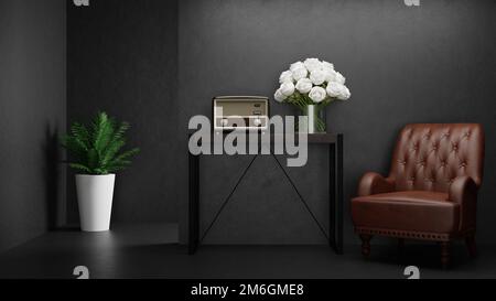 Vintage-Ledersessel im Wohnzimmer, schwarzes Wohnzimmer mit Vintage-Stuhl im 3D-Rendering-Stil Stockfoto