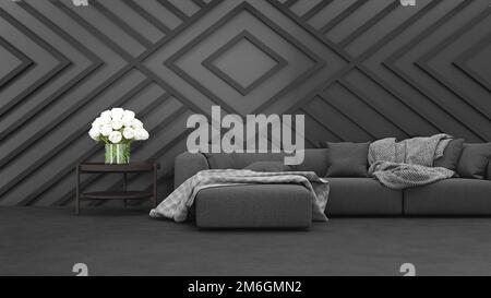Dunkles, modernes Wohnzimmer (3D m2), graues Sofa im Wohnzimmer Stockfoto