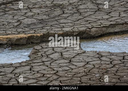 Trockener Boden des Dammes in Liberec - Harcov mit Schlamm Stockfoto