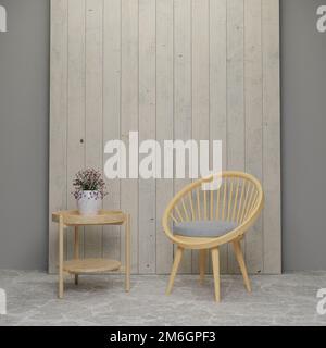 3D Holzstuhl im Wohnzimmer mit Tisch Stockfoto
