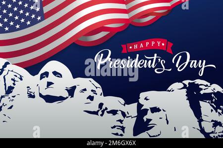 Happy Presidents Day Karte mit Flagge und Mount Rushmore. Typografie-Design für Poster oder Banner am President's Day. Vektordarstellung Stock Vektor