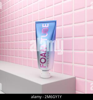 Gesichtsschaumröhrchen-Modell mit 3D-Rendering auf pinkfarbenem Fliesenhintergrund Stockfoto