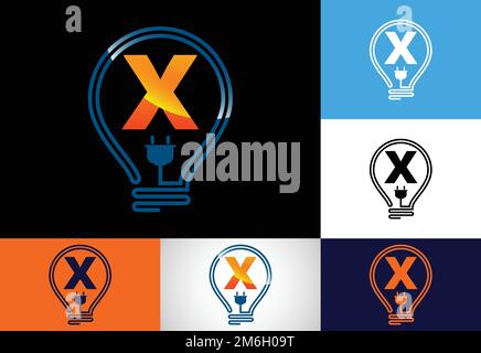 Anfangsbuchstabe X mit einer elektrischen Glühlampe. Vektorvorlage für Logo der elektrischen Glühlampe. Logo für Elektrizität Stock Vektor