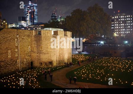 Lichter werden auf dem Gelände des Tower of London ausgestellt, um den Remembrance Day in London zu feiern Stockfoto