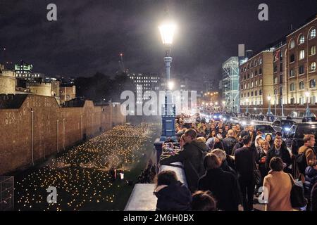 Lichter werden auf dem Gelände des Tower of London ausgestellt, um den Remembrance Day in London zu feiern Stockfoto