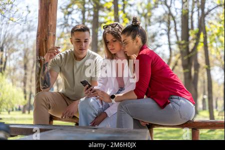 Drei Jugendliche Teilen auf Linie Inhalt auf ihren Smartphones sitzen auf dem Rasen in einem park Stockfoto