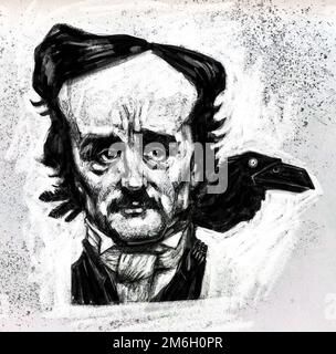 Kunstdarstellung des amerikanischen Schriftstellers und Dichters Edgar Allan Poe mit Raben auf der Schulter, siehe das Raven-Gedicht. Bekannt für seine geheimnisvollen und makabren Geschichten. Stockfoto