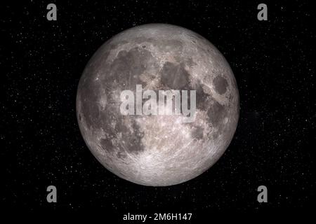 Der Mond ist ein Erdsatellit, der im All umkreist, umgeben von Sternen. Diese Bildelemente wurden von der NASA bereitgestellt. Stockfoto