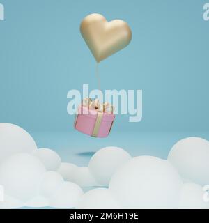 3D pinkfarbene Geschenkbox mit goldenem Band, Geschenkbox auf Wolken, Ballonherz mit Geschenkbox Stockfoto