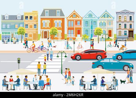 Stadtleben, mit Straßenverkehr, Fußgänger und Familien in der Freizeit, Illustration Stockfoto