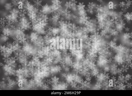 Digital erzeugter hochauflösender silberner Hintergrund mit funkelnden Schneeflocken Stockfoto