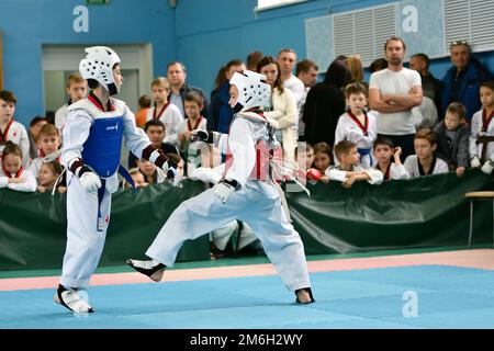 Orenburg, Russland - 19. Oktober 2019: Junge konkurrieren in Taekwondo - koreanische Kampfkunst Stockfoto