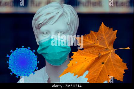 Symbolisches Bild, Herbst, Gefahr steigender Fallzahlen, Coronavirus, Convid-19, gefährliche Mutationen, Pandemie, Medizin, Therapie, neuer Impfstoff Stockfoto