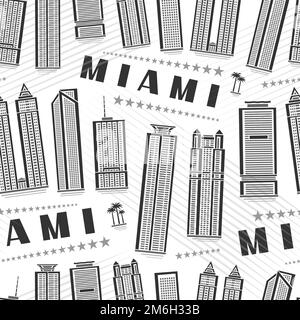 Vector Miami Seamless Pattern, quadratischer, sich wiederholender Hintergrund mit Illustration der berühmten stadtlandschaft von miami auf weißem Hintergrund für Geschenkpapier, Monochrom Stock Vektor