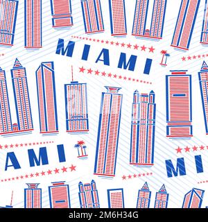 Vector Miami Seamless Pattern, quadratischer, wiederholter Hintergrund mit Illustration der roten, berühmten stadtlandschaft von miami auf weißem Hintergrund für Geschenkpapier, Dekor Stock Vektor