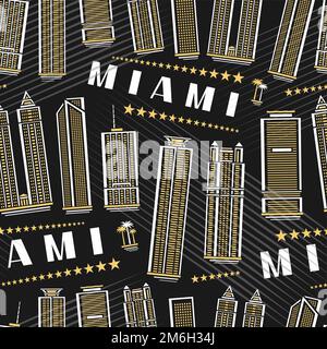 Vector Miami Seamless Pattern, quadratischer, sich wiederholender Hintergrund mit Illustration der berühmten stadtlandschaft von miami auf dunklem Hintergrund für Geschenkpapier, Dekoration Stock Vektor