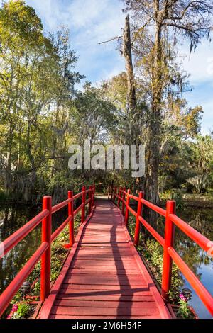 Rote Brücke über einen Teich in der Magnolia Plantation vor Charleston, South Carolina, USA Stockfoto
