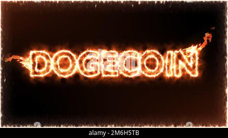 Dogecoin-Kryptowährung brennt vor schwarzem Hintergrund Stockfoto