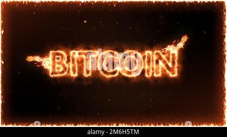 Bitcoin-Kryptowährung brennt vor schwarzem Hintergrund Stockfoto