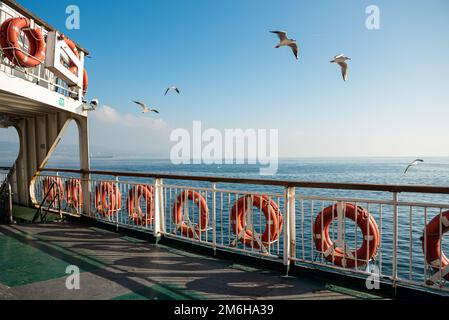 Eine Landschaft von der Fähre bei Tageslicht mit dem Himmelsmeer und Möwen im Hintergrund , Platz für Text , . Hochwertiges Foto Stockfoto