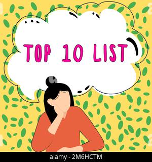 Handschriftliches Schild Top 10 Liste. Wort, das auf den zehn wichtigsten oder erfolgreichsten Punkten einer bestimmten Liste steht Stockfoto