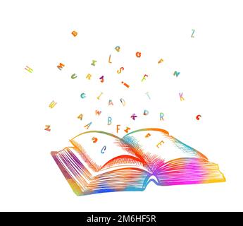 Farbenfrohes Buch mit fliegenden Buchstaben, Designelement für Bildungsvorlagen, Vektordarstellung Stock Vektor