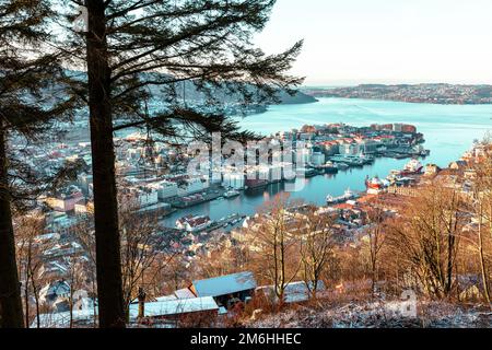 Wunderschöner Blick auf das Stadtzentrum von Bergen mit Hafen von Floyen in Norwegen, UNESCO-Weltkulturerbe. Stockfoto