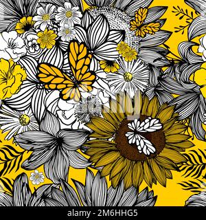 Nahtlose Hintergrundgrafik mit gelben schwarzen und weißen Blüten. Vektordarstellung. Handgezeichneter Stoff, Geschenkverpackung, Wandschmuck-Design. Stock Vektor