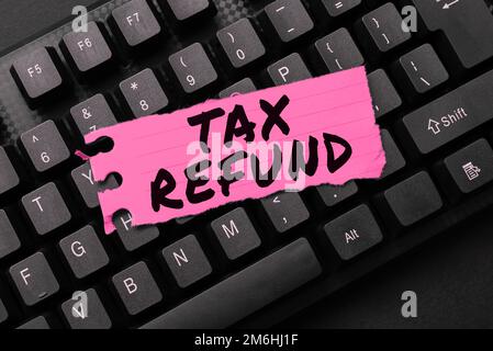 Inspiration zeigt Zeichen Steuerrückerstattung. Wort für angewendet, wenn die Geldhaftung geringer ist als die bezahlte Stockfoto