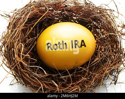 Gold-Roth-IRA-Ei in einem Vogelnest, auf Weiß Stockfoto