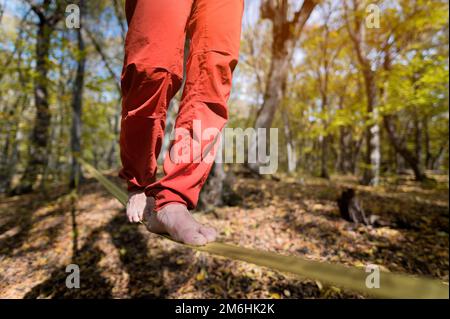 Nahaufnahme unter der Taille eines sportlichen Mannes, der im Herbstwald Slackline Balance praktiziert Stockfoto