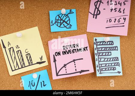 Geschäftskonzept. Auf der Tafel befinden sich Aufkleber mit Grafiken und Diagrammen sowie die Aufschrift „RETURN ON INVESTMENT“ Stockfoto