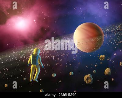 Ein Astronaut, der einen Ringplaneten in einem traumhaften Weltraumflug erforscht. Digitale Illustration, 3D-Rendering. Stockfoto