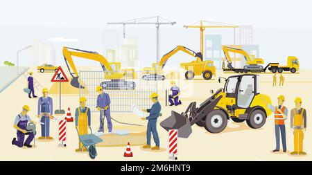 Baustelle mit Bagger, Architekt und schweren LKW Stockfoto