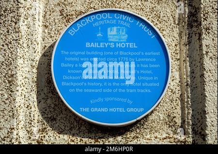 Baileys Hotel blaue Tafel. North Shore, Blackpool. Stockfoto