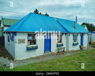 Port stanley falkland Island, Hafen Port stanley, rote Telefonzelle, willkommen auf falkland Island, falkland Tourist einladendes Center Stockfoto