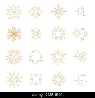 Geometrische Symbole mit Sternlinien als Vektor für Partyeinladungen, Dekorationen und festliche Textur. Luxuriöser Stern und Glitzer in goldener Form. Stock Vektor