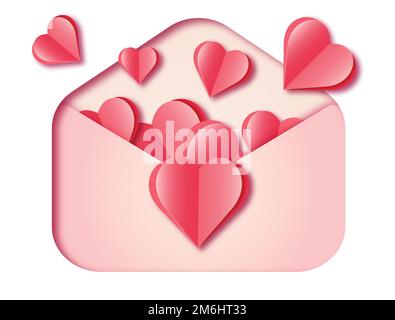 Origami Rot, Weiße Herzen. Valentinstag-Postkarte mit Flügeln im Papierschnitt. Romantischer Urlaub. Liebe. Stock Vektor