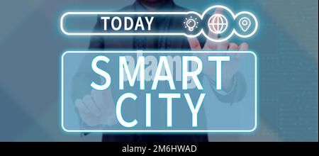 Textbeschriftung für Smart City. Geschäftsidee Stadtgebiet, das ein anderes elektronisches Internet der Dinge nutzt Stockfoto