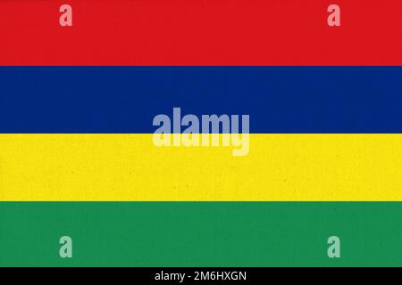 Flagge von Mauritius. Nigerflagge auf Stoffoberfläche. Stoffstruktur Stockfoto