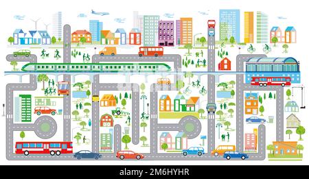 Stadtplan mit Straßenverkehr und Häusern, Infografik, Illustration Stockfoto