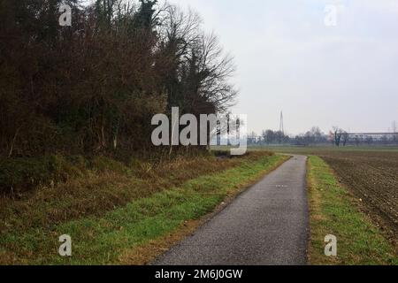 Asphaltpfad, der an einem bewölkten Tag in der italienischen Landschaft von einem bebauten Feld und einem Wald neben einem Wasserstrom umgeben ist Stockfoto