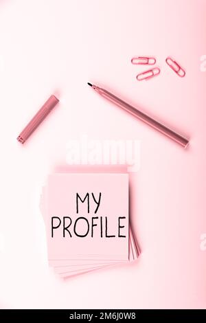 Textbeschriftung zur Präsentation von „Mein Profil“. Word für die Aufzeichnung Ihrer persönlichen Informationen, die Ihre Identität definieren Stockfoto